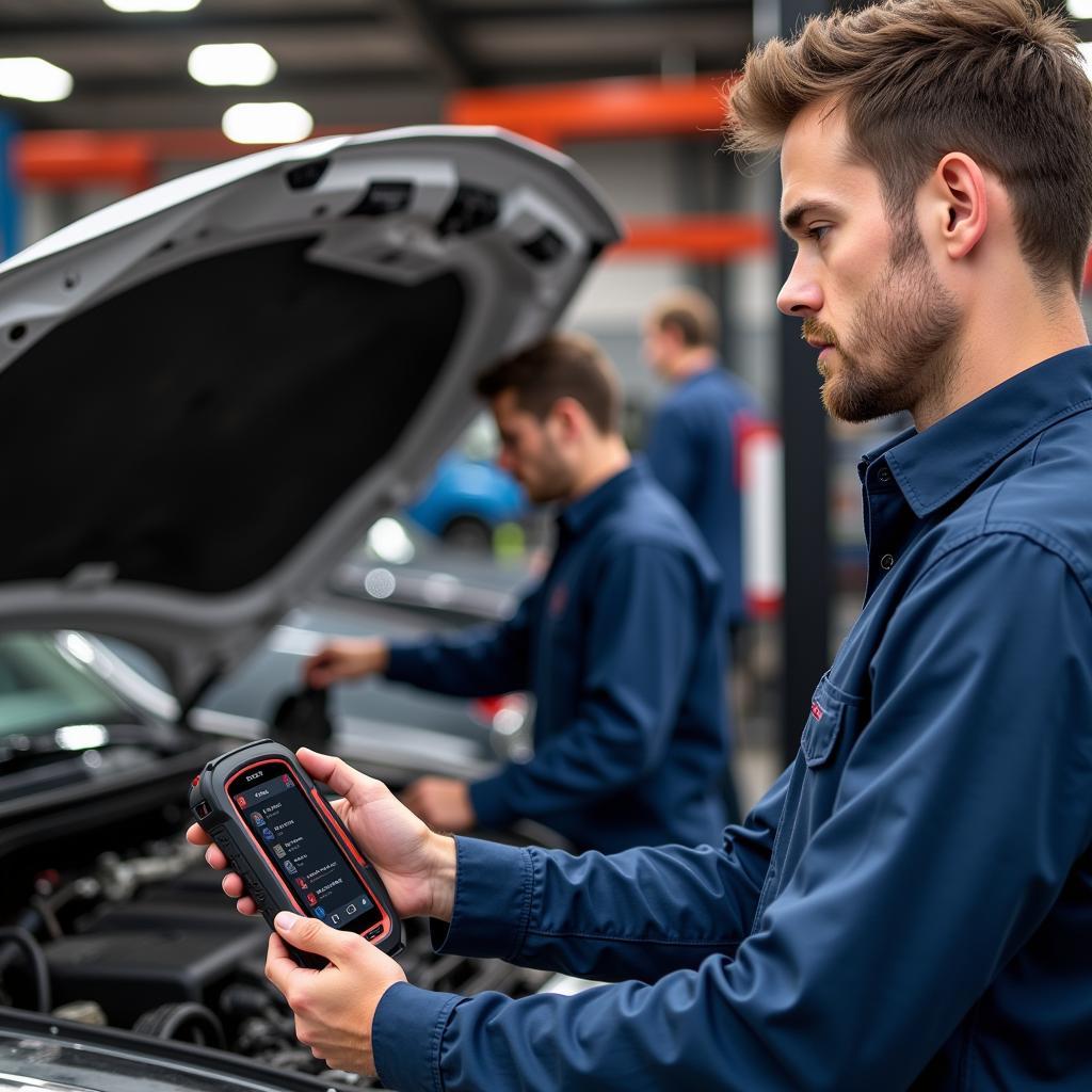 Mechanic Using Autel Scanner in Workshop