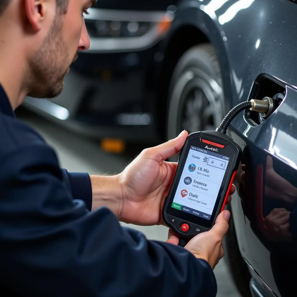 Mechanic Using Autel Scanner on Car