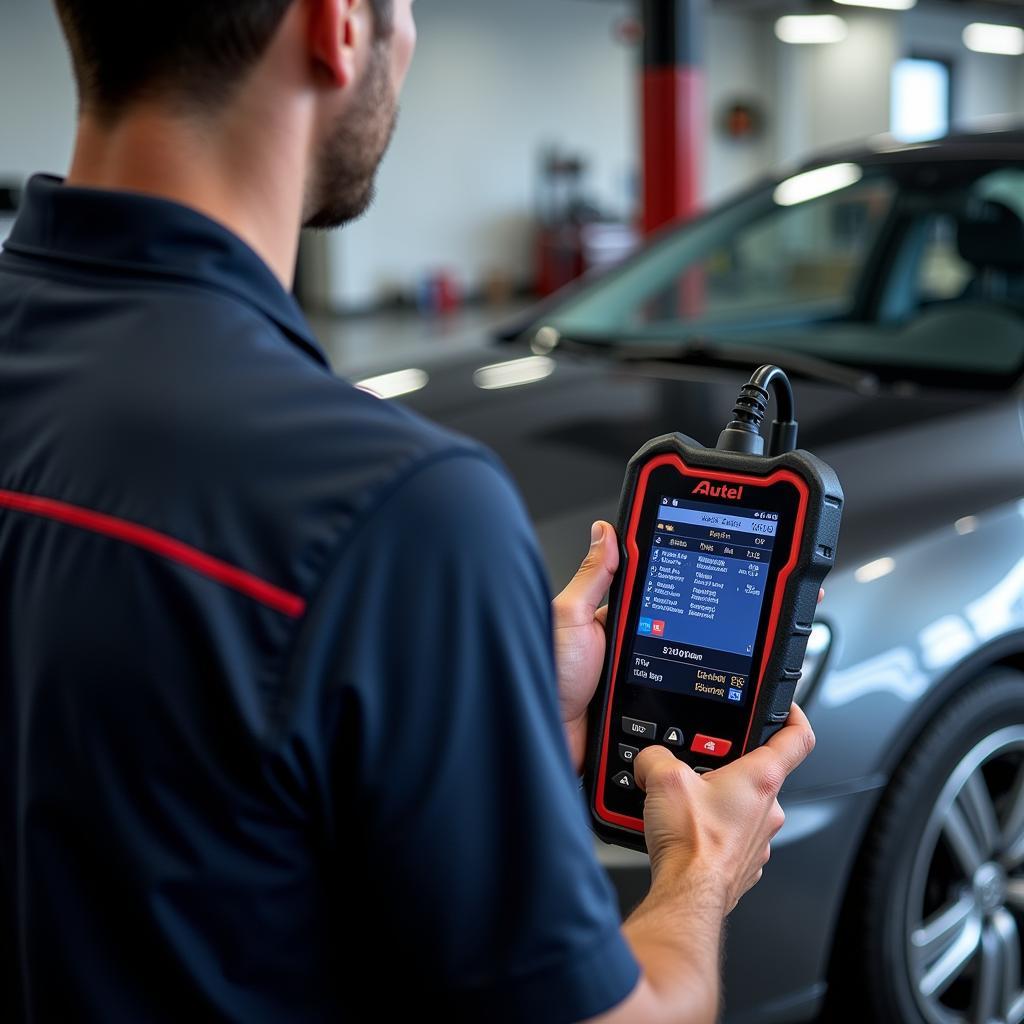 Mechanic Using Autel Scanner on Car