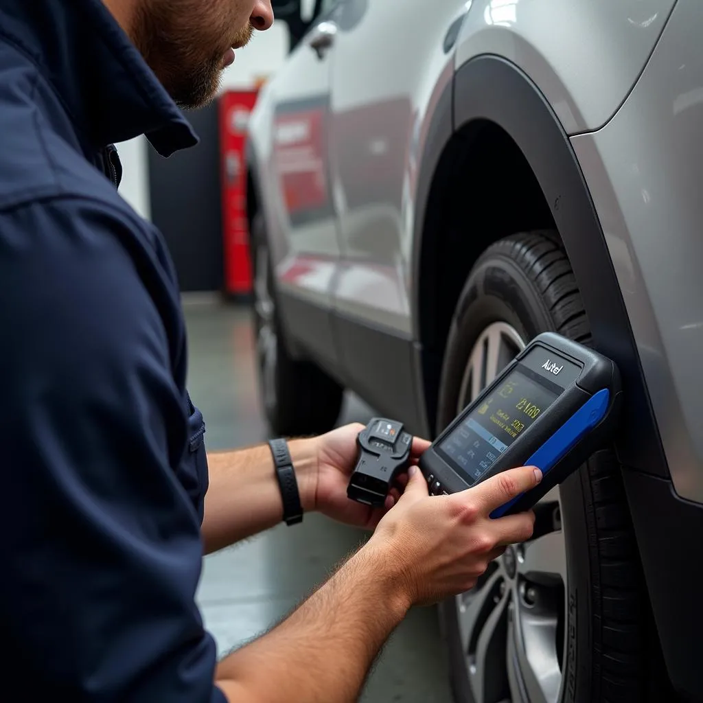 Mechanic Using Autel Scanner on Vehicle