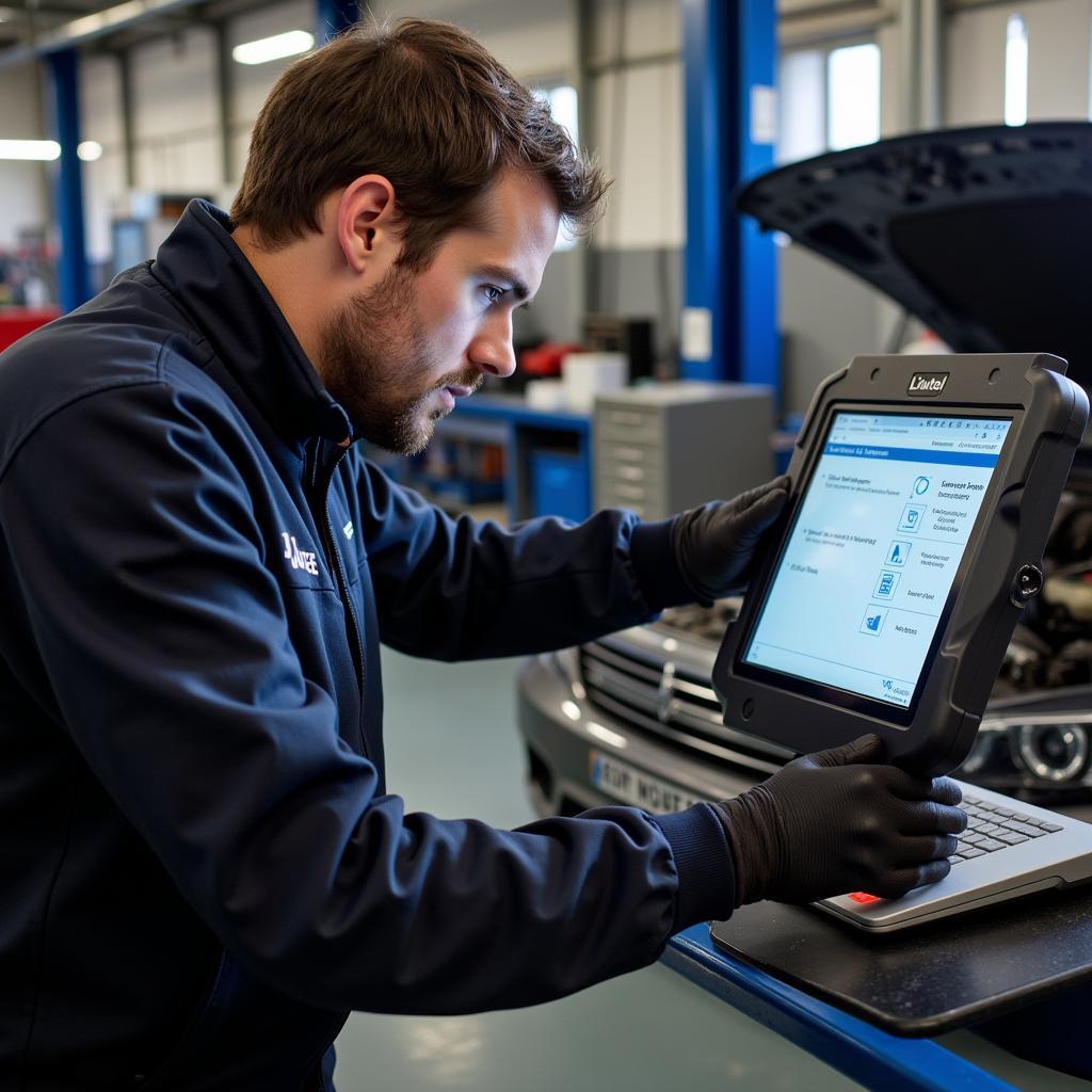 Mechanic Using L'Autel Scanner in Rouen Workshop