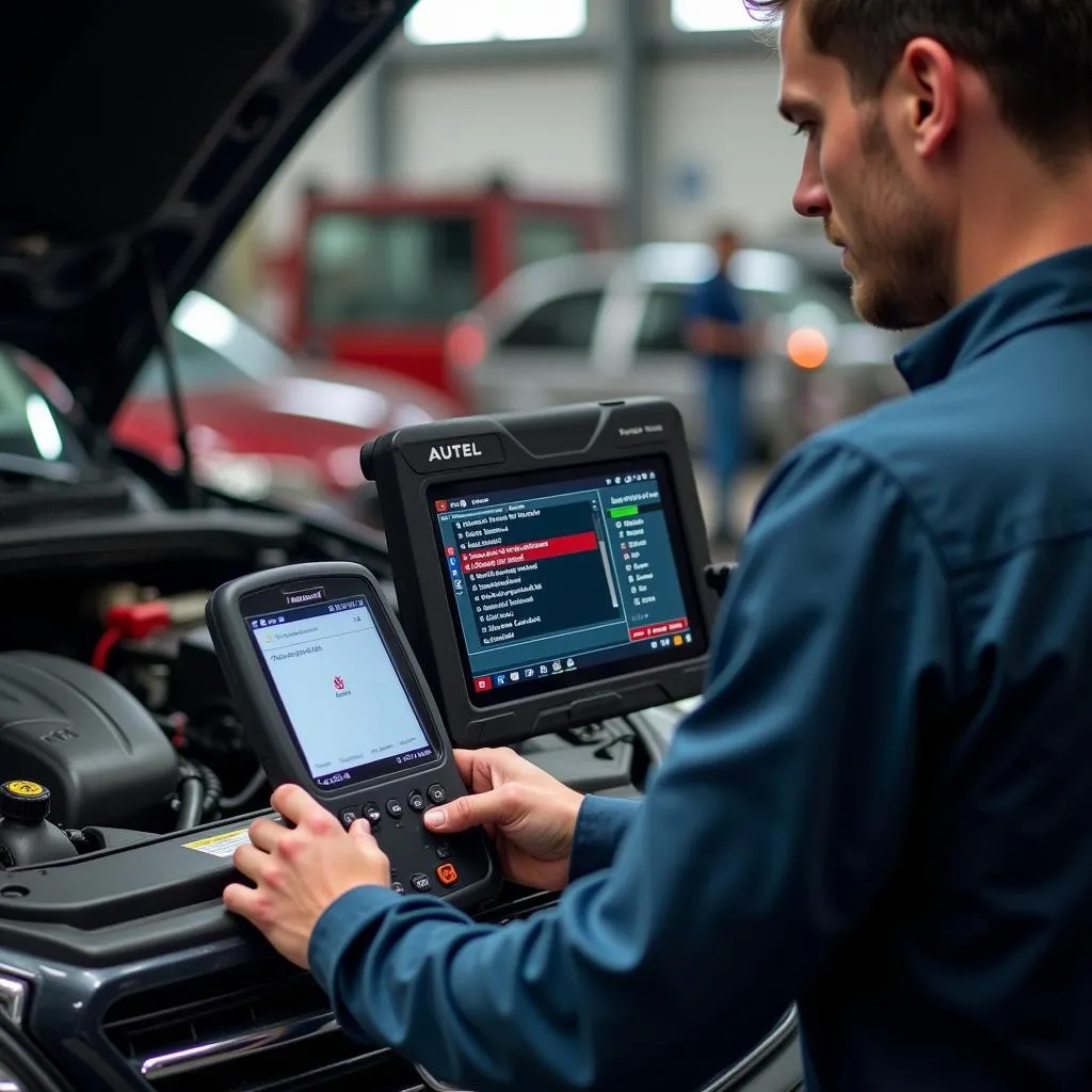 Mechanic Using Autel Scanner to Diagnose Engine Problem