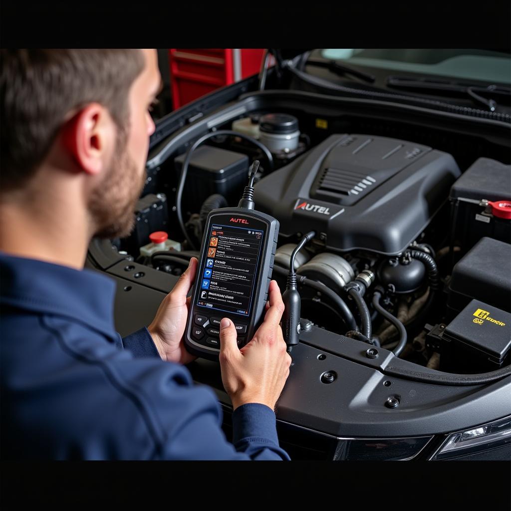 Mechanic Using Autel Scanner with Cigarette Lighter Adapter