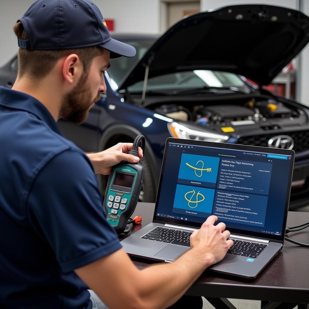 Mechanic Using an Auto Scanning Tool with Laptop