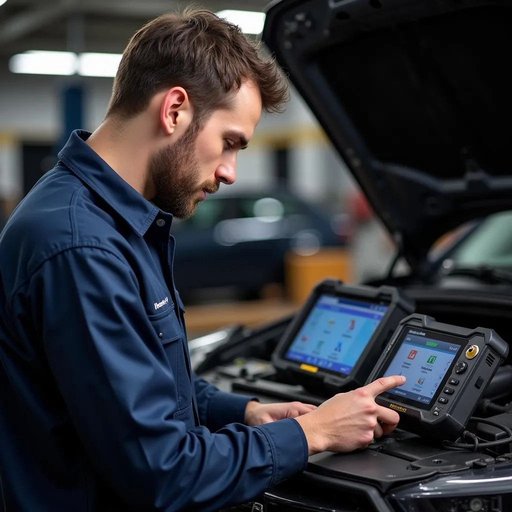 Mechanic using automotive programmer in workshop