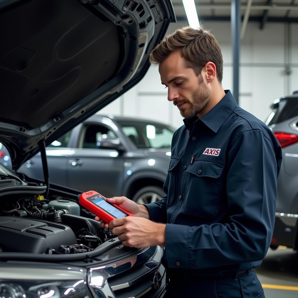 Mechanic Using Axis IP Scan Tool in Workshop