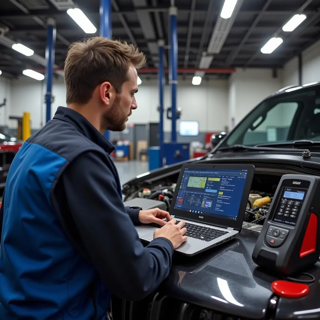 Mechanic using a bi-directional scan tool on a laptop to diagnose a car