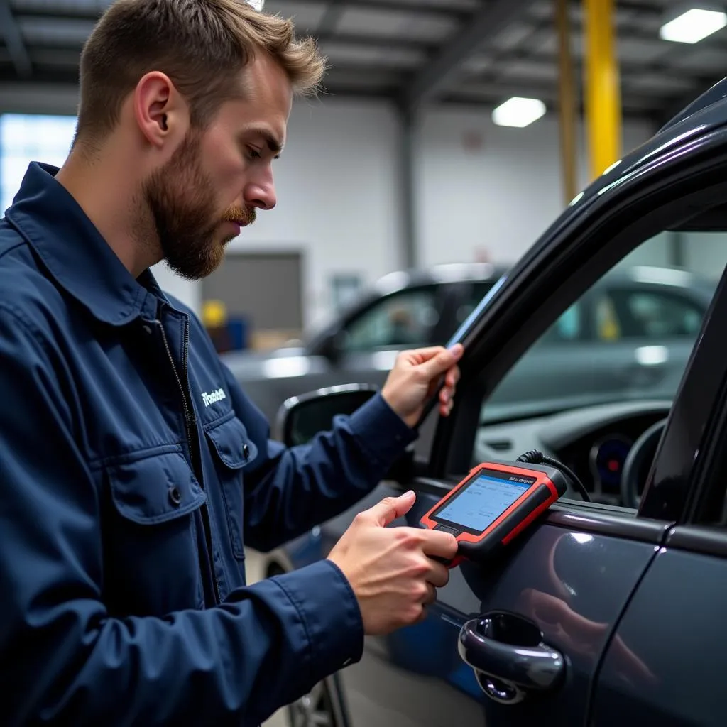 Mechanic using bidirectional scan tool to diagnose car problem