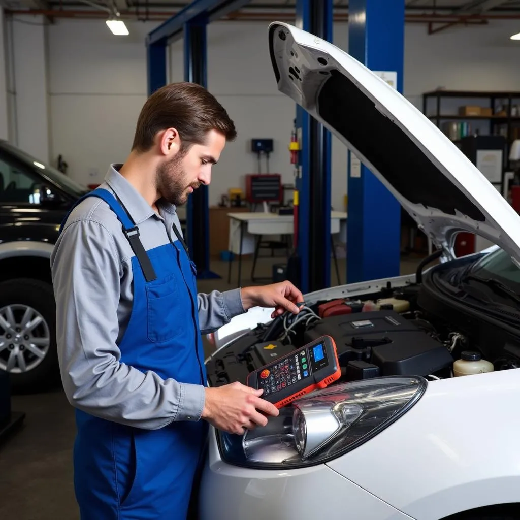 A mechanic uses a bidirectional OBD scanner to diagnose a car's engine problem.