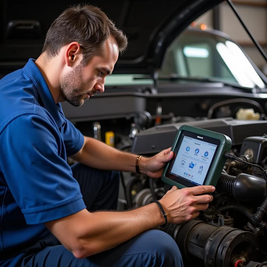 A mechanic in a garage using a Blue Point OBD2 scanner on a car