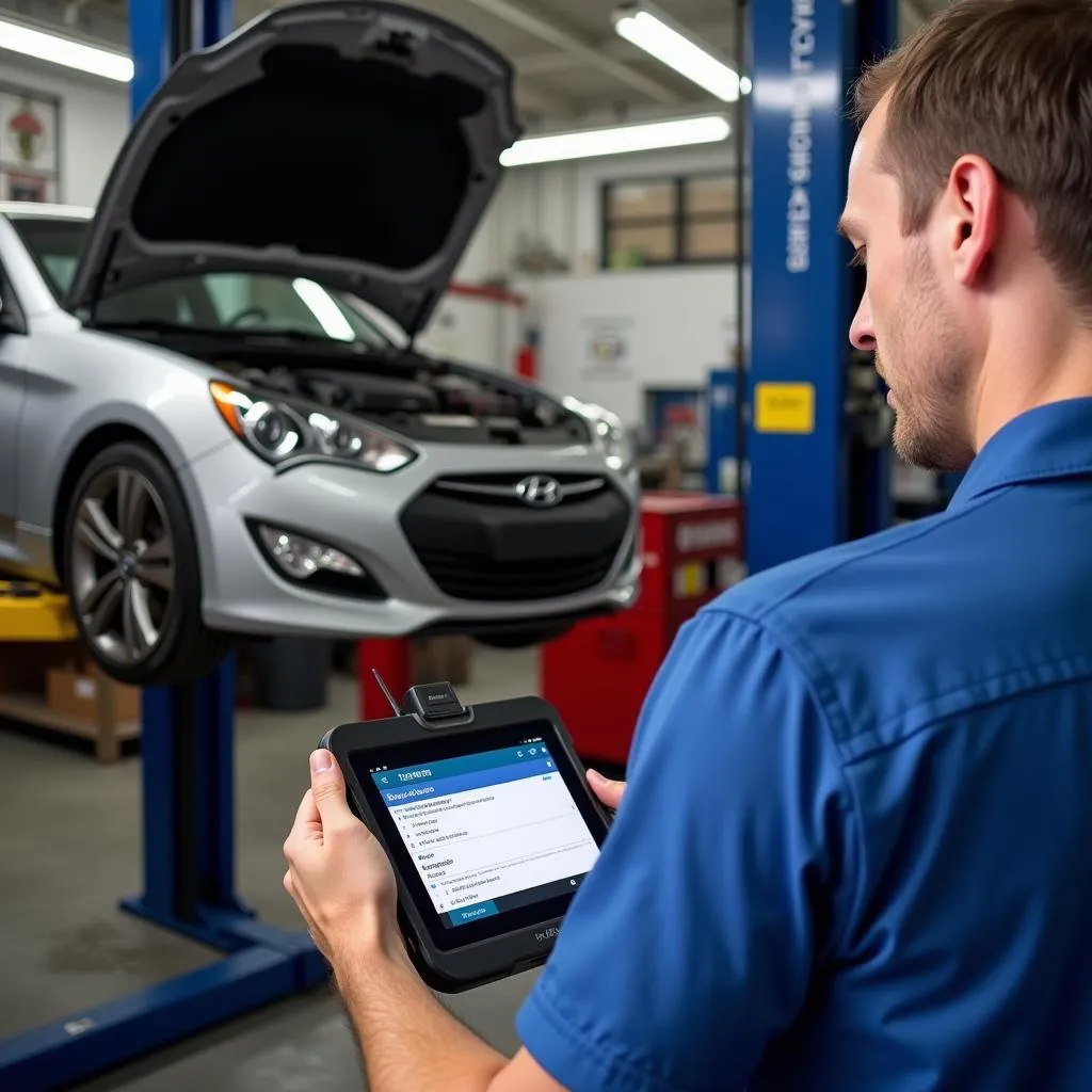 Mechanic using BlueDriver on 2014 Genesis Coupe in a workshop