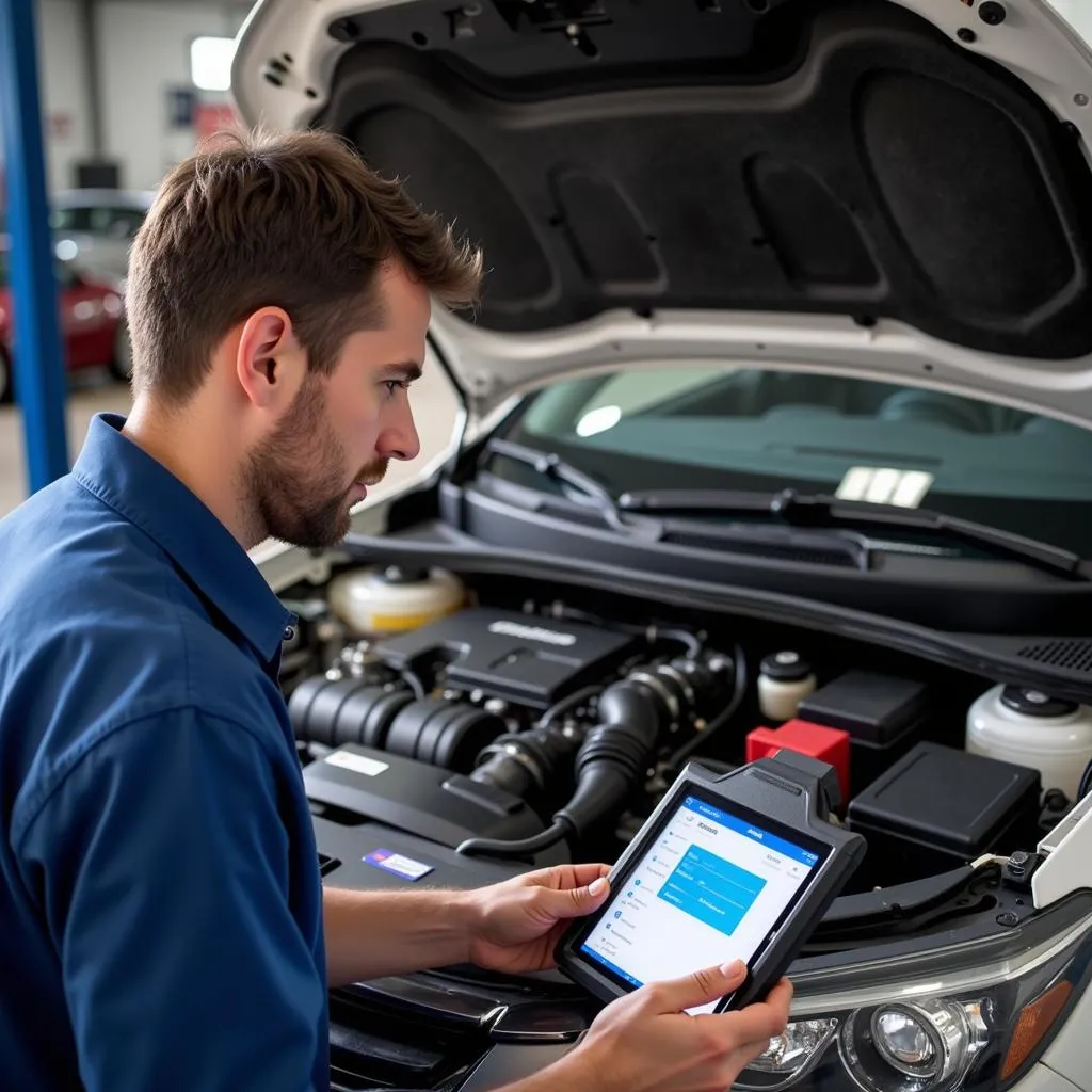 Mechanic diagnosing car with Bluetooth OBD2 scan tool