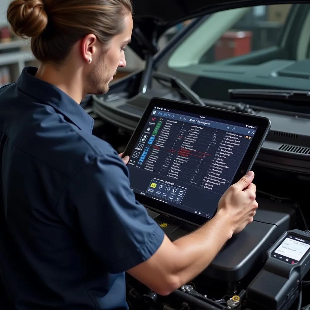 Mechanic Using Bluetooth OBD2 Scanner with a Tablet