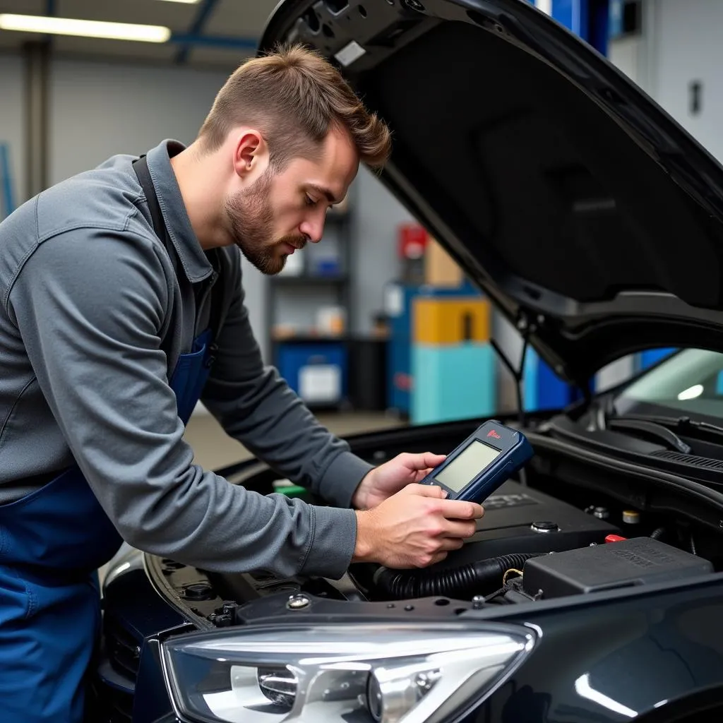 Mechanic Using Bosch Code Reader in Garage