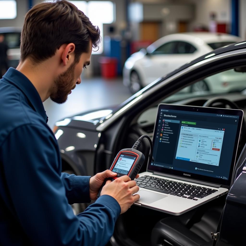 Mechanic Using Bosch Scan Tool to Diagnose Car Problem