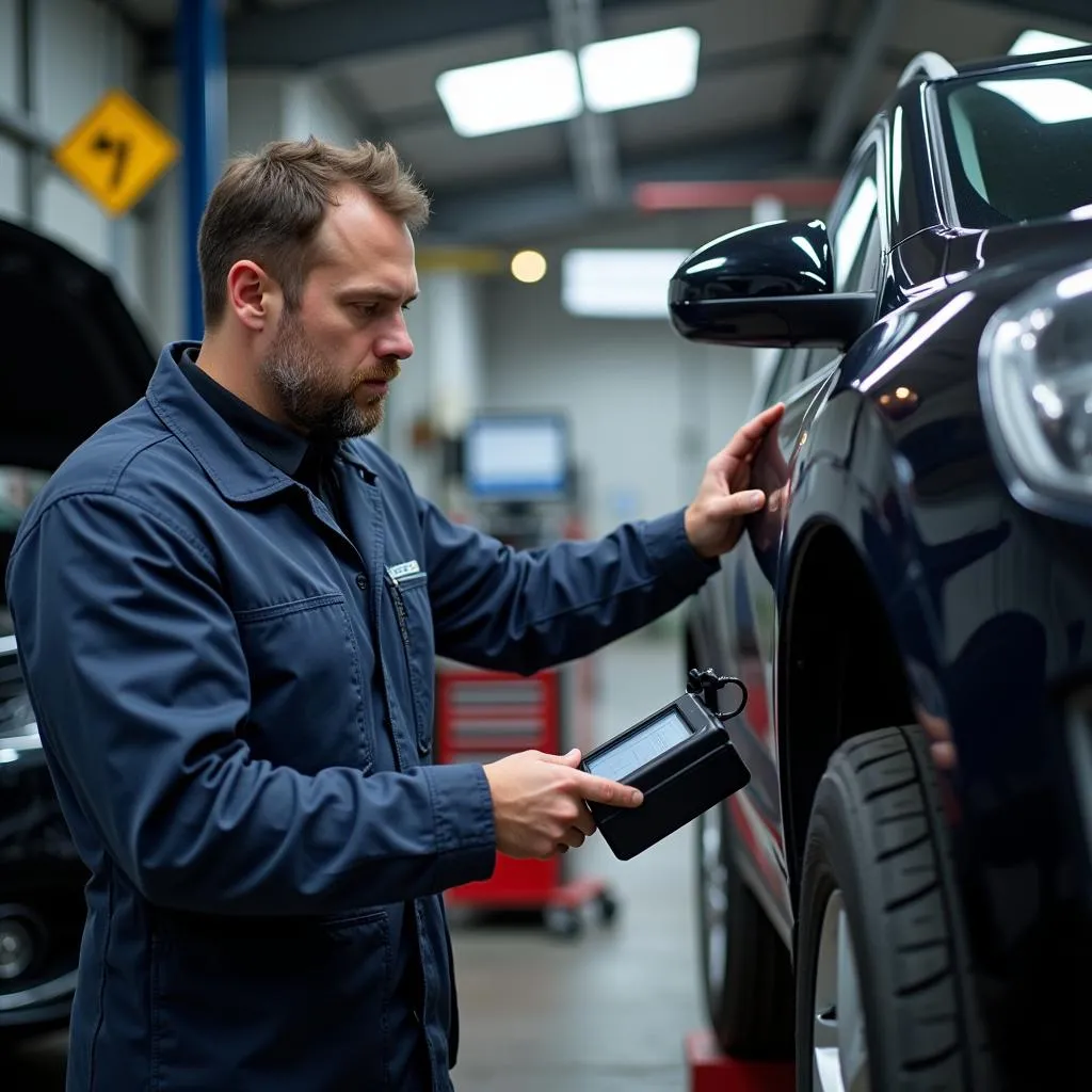 Mechanic using a CAN-Bus scanner for in-depth car diagnostics