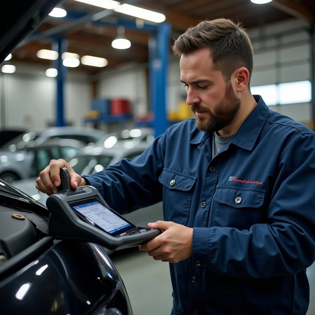 Mechanic Using Car Code Reader in Garage