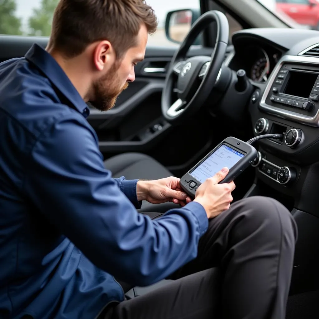 A mechanic using a car scanner to diagnose a vehicle in a garage