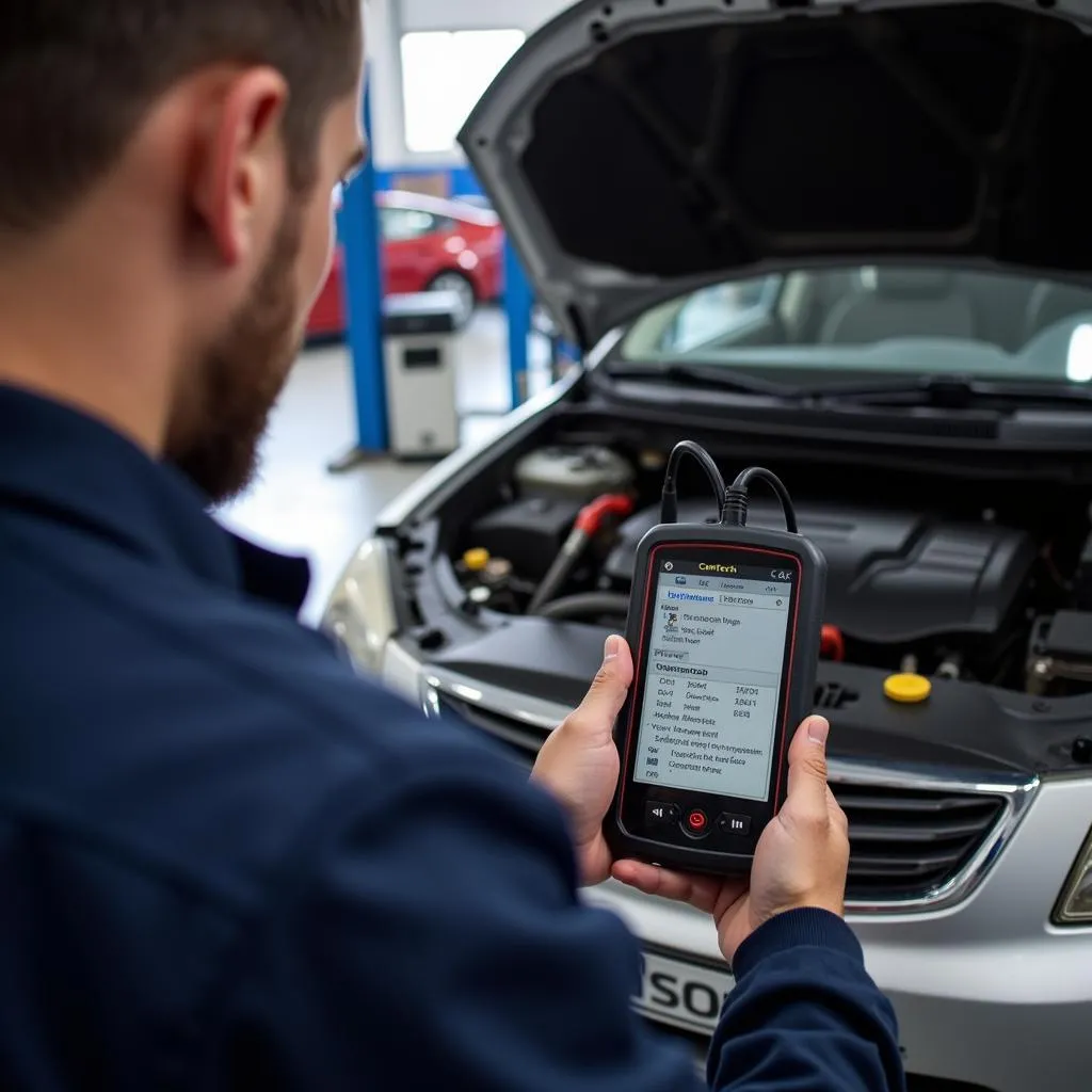 Mechanic Using Cen-Tech Scanner in Garage