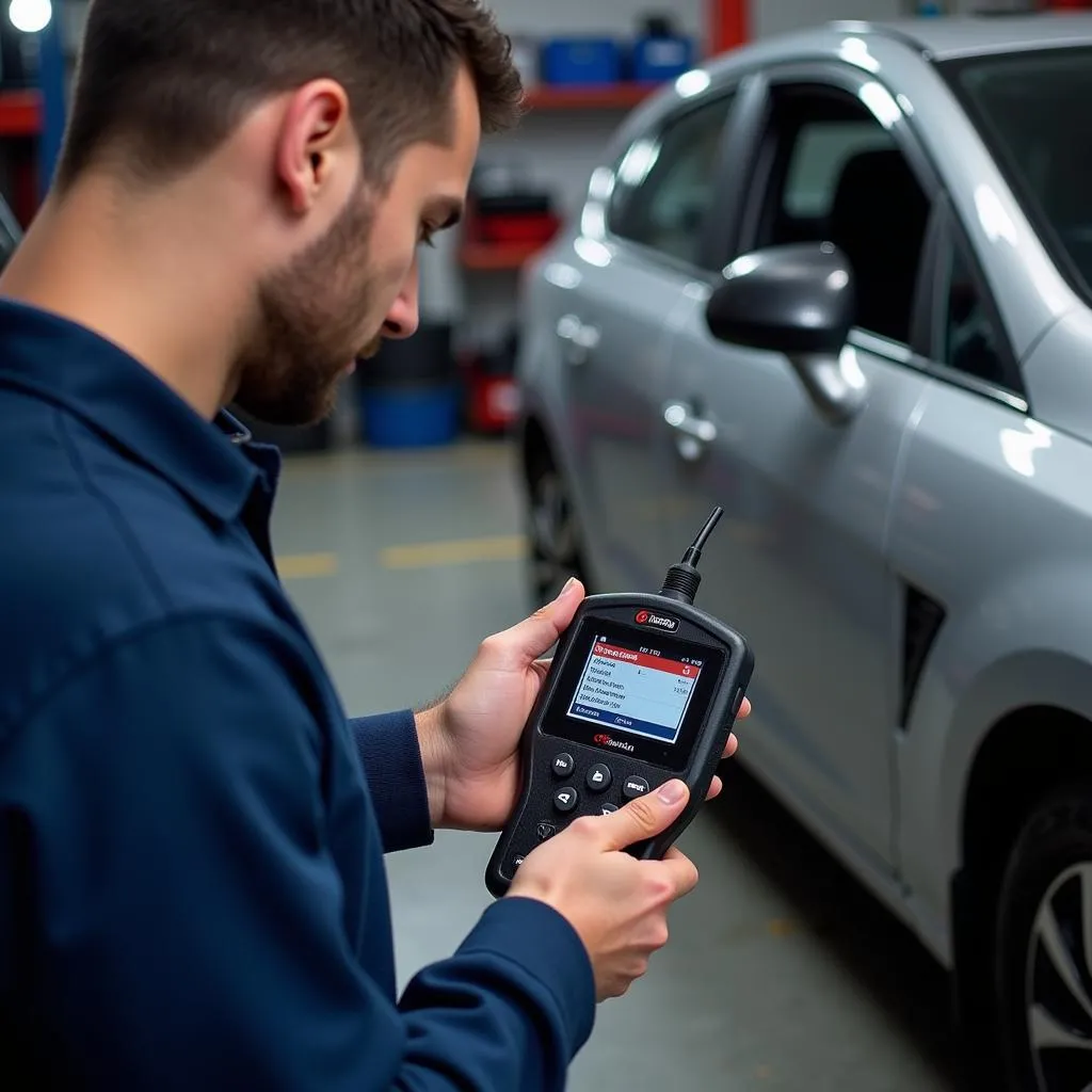 Mechanic diagnosing a car with Centech OBD2 scanner