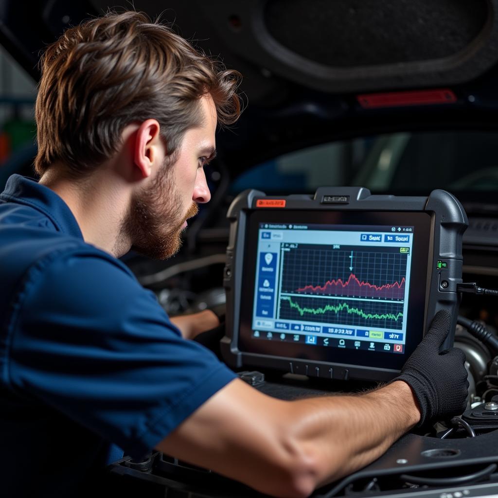 Mechanic Using Creep Scan Tool for Engine Diagnostics