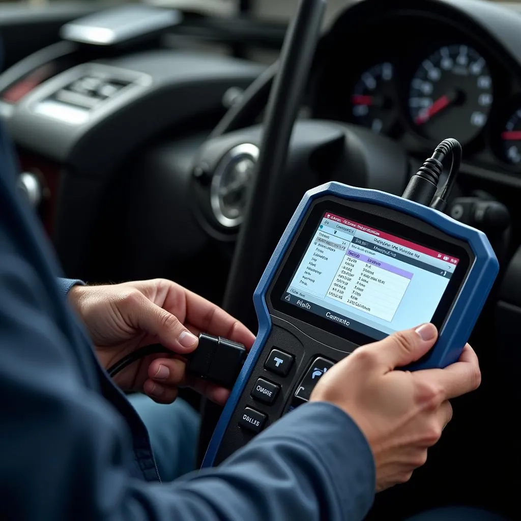 Mechanic using a dealer scanner to diagnose a car