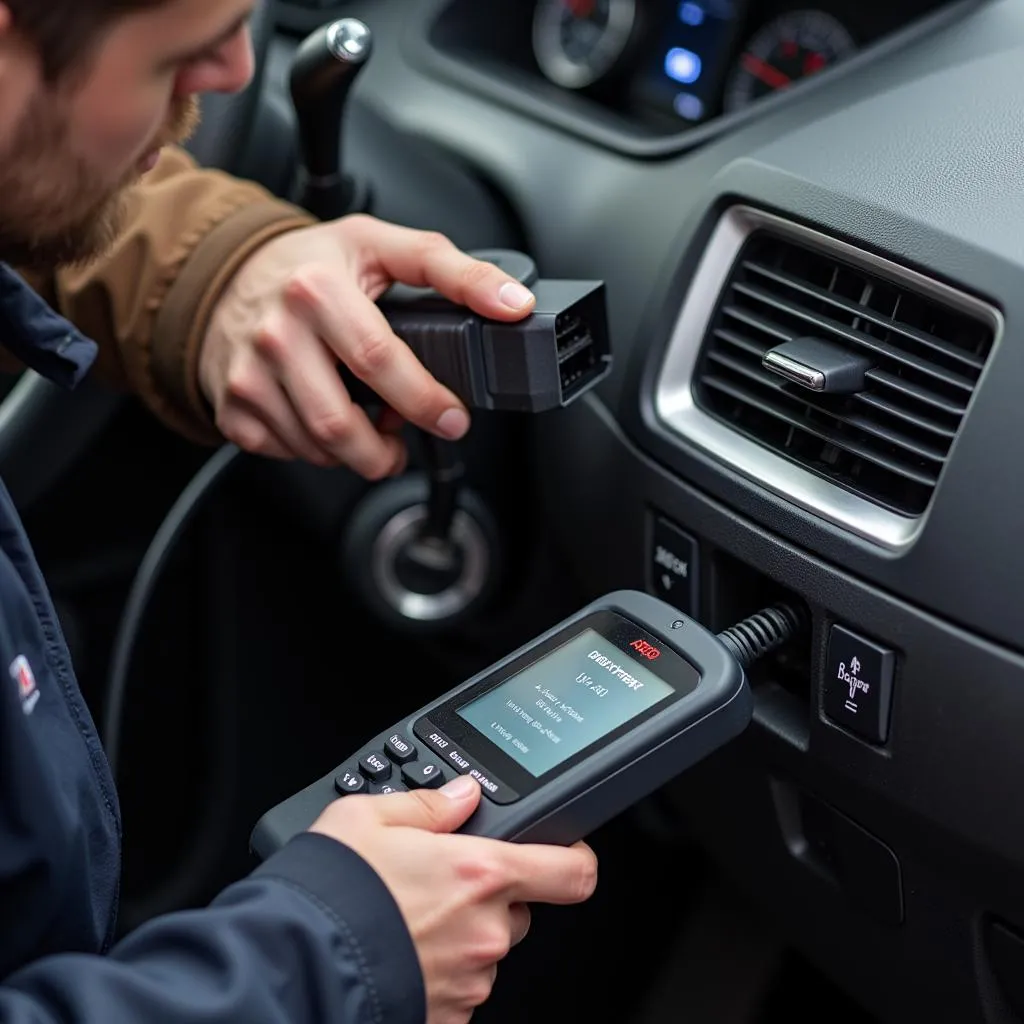 Mechanic using a dealer scanner to diagnose a car problem