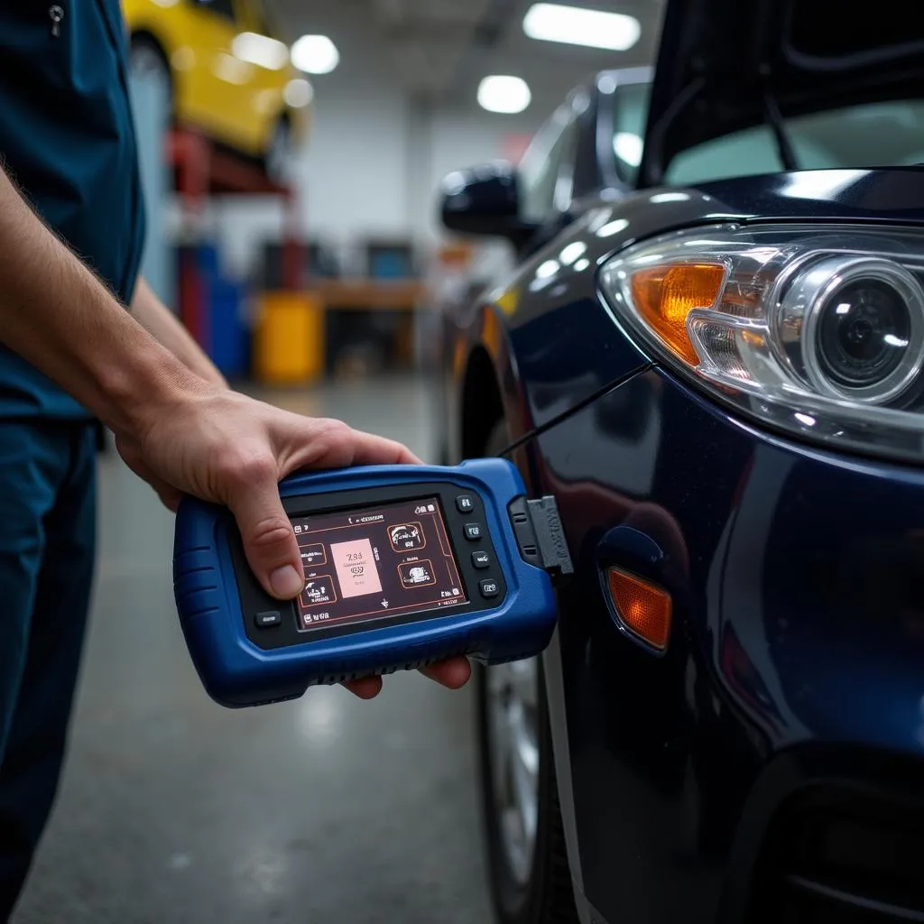 Mechanic diagnosing car problem with a dealer scanner