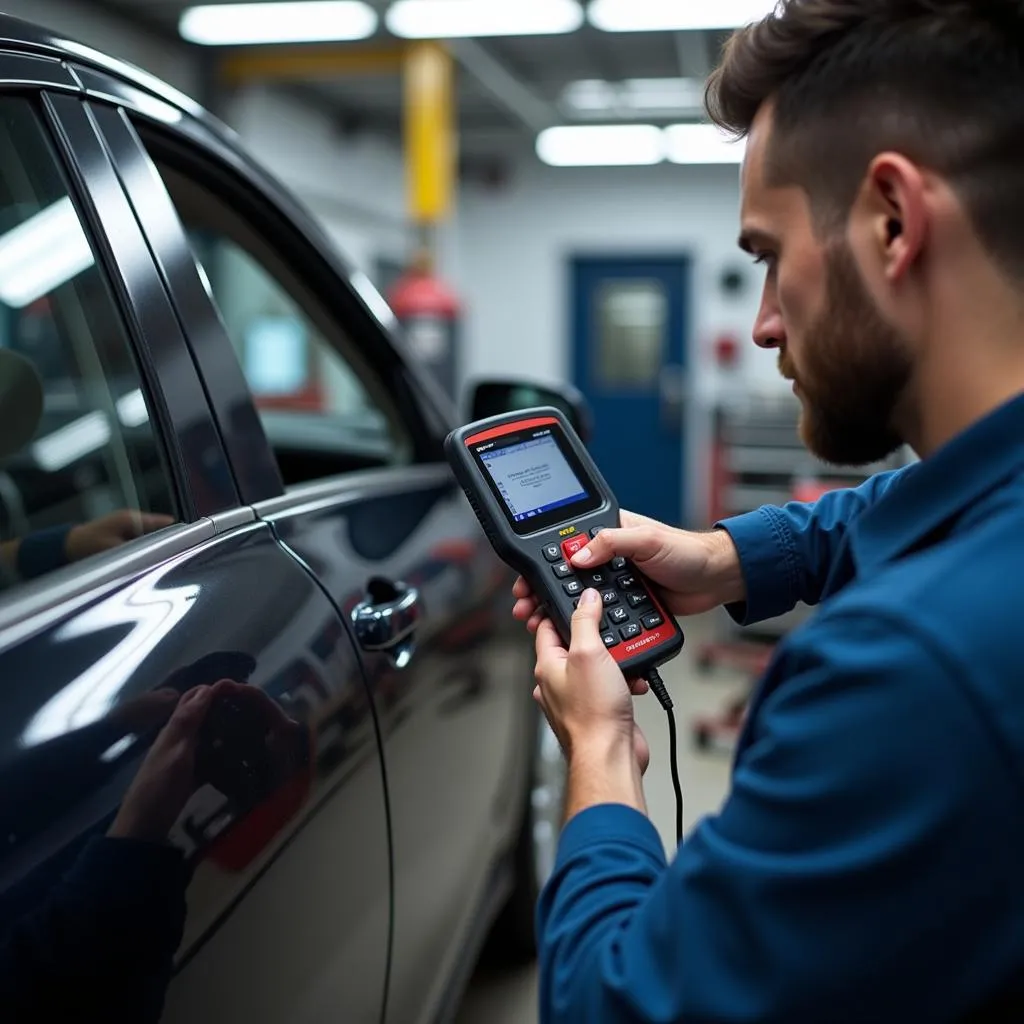 Mechanic using a dealer scanner to diagnose car problems