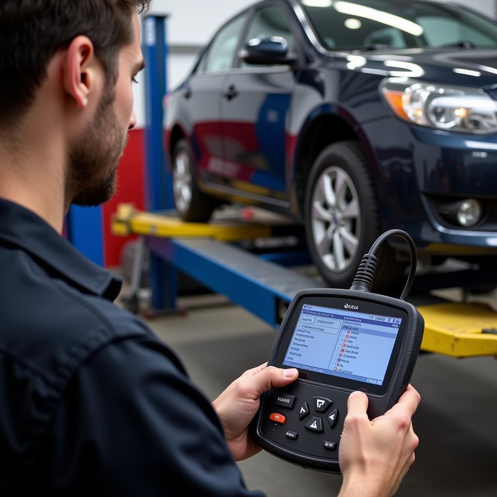 Mechanic Using a Dealer Scanner to Diagnose Car Problems