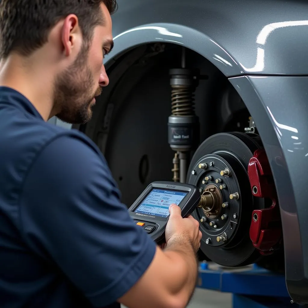 Mechanic using a dealer scanner for brake diagnostics