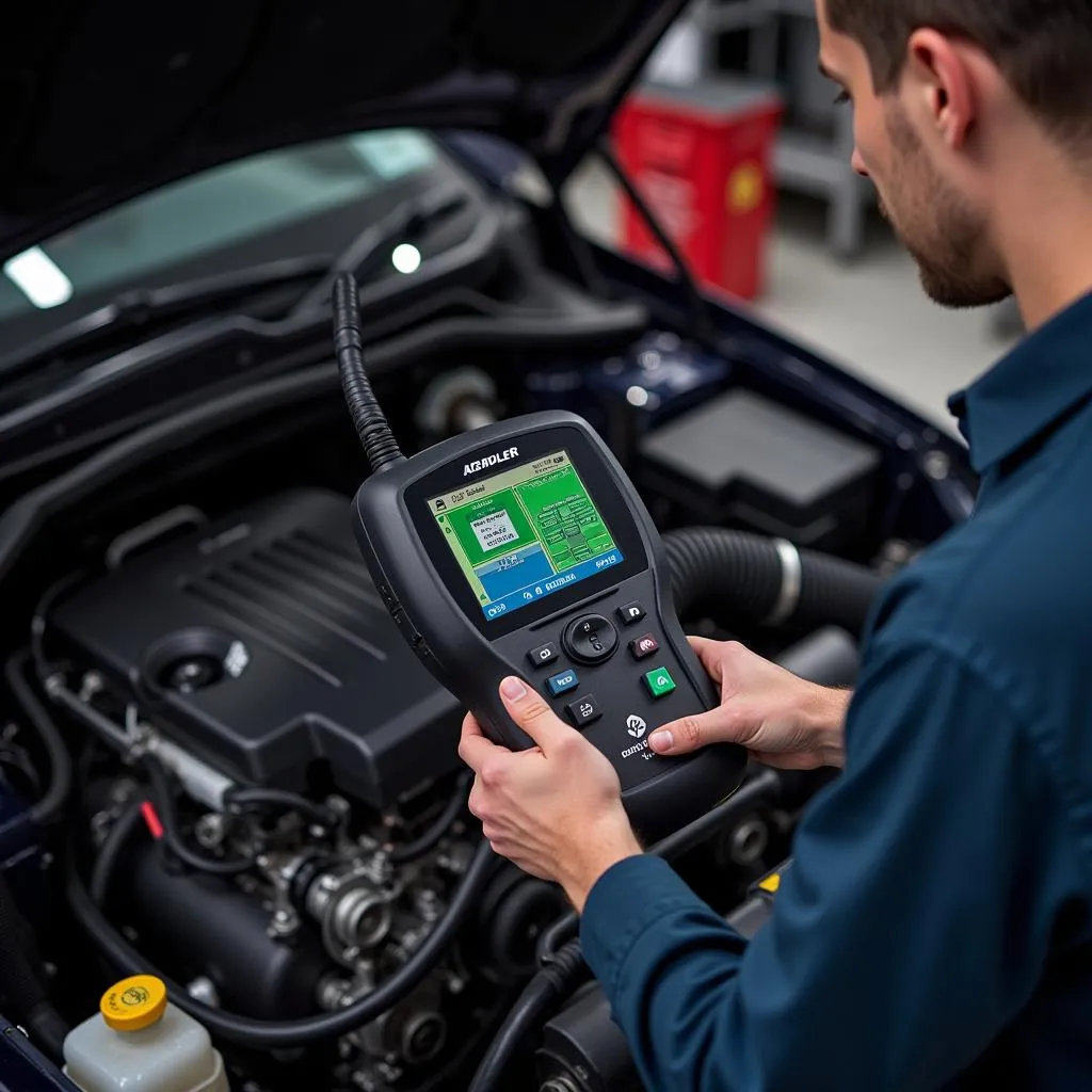 Mechanic Using Dealer Scanner for Engine Diagnostics