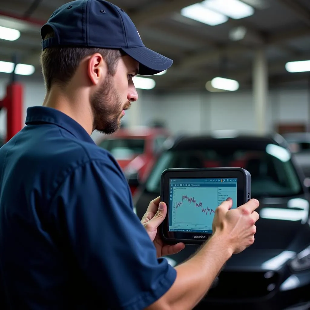 Mechanic using a dealer scanner to diagnose a car in a garage