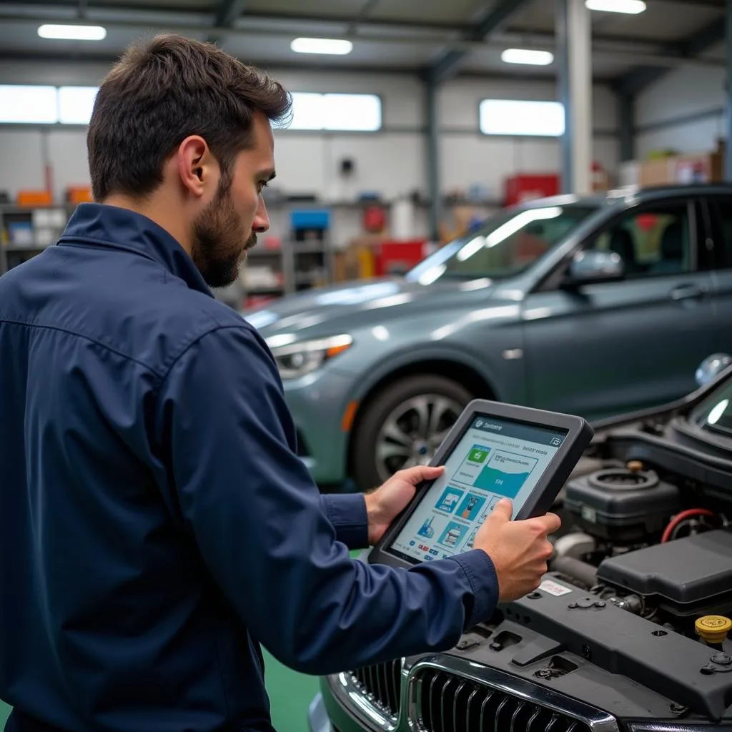 Mechanic Utilizing Dealer Scanner for Efficient Diagnostics