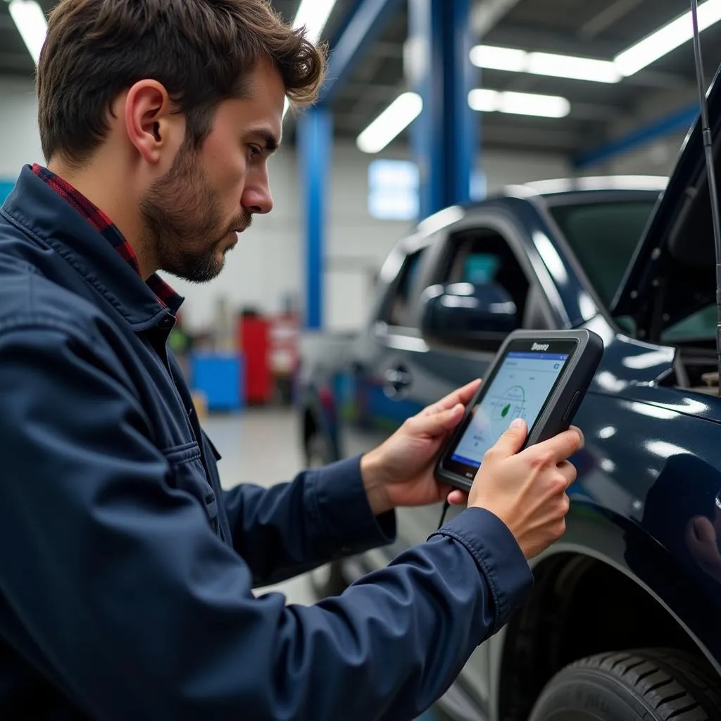 Mechanic Utilizing Dealer Scanner in Workshop