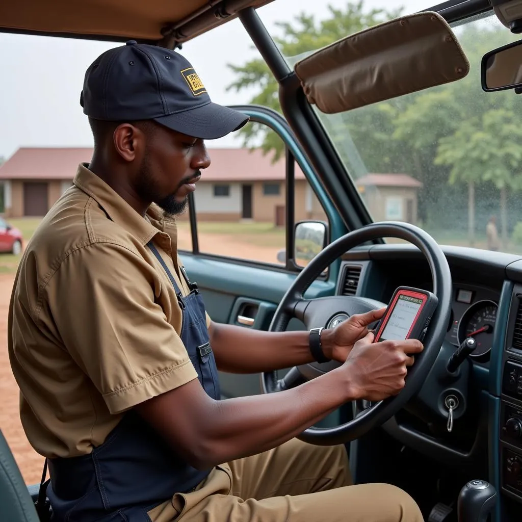 Mechanic Using Dealer Scanner on African Road