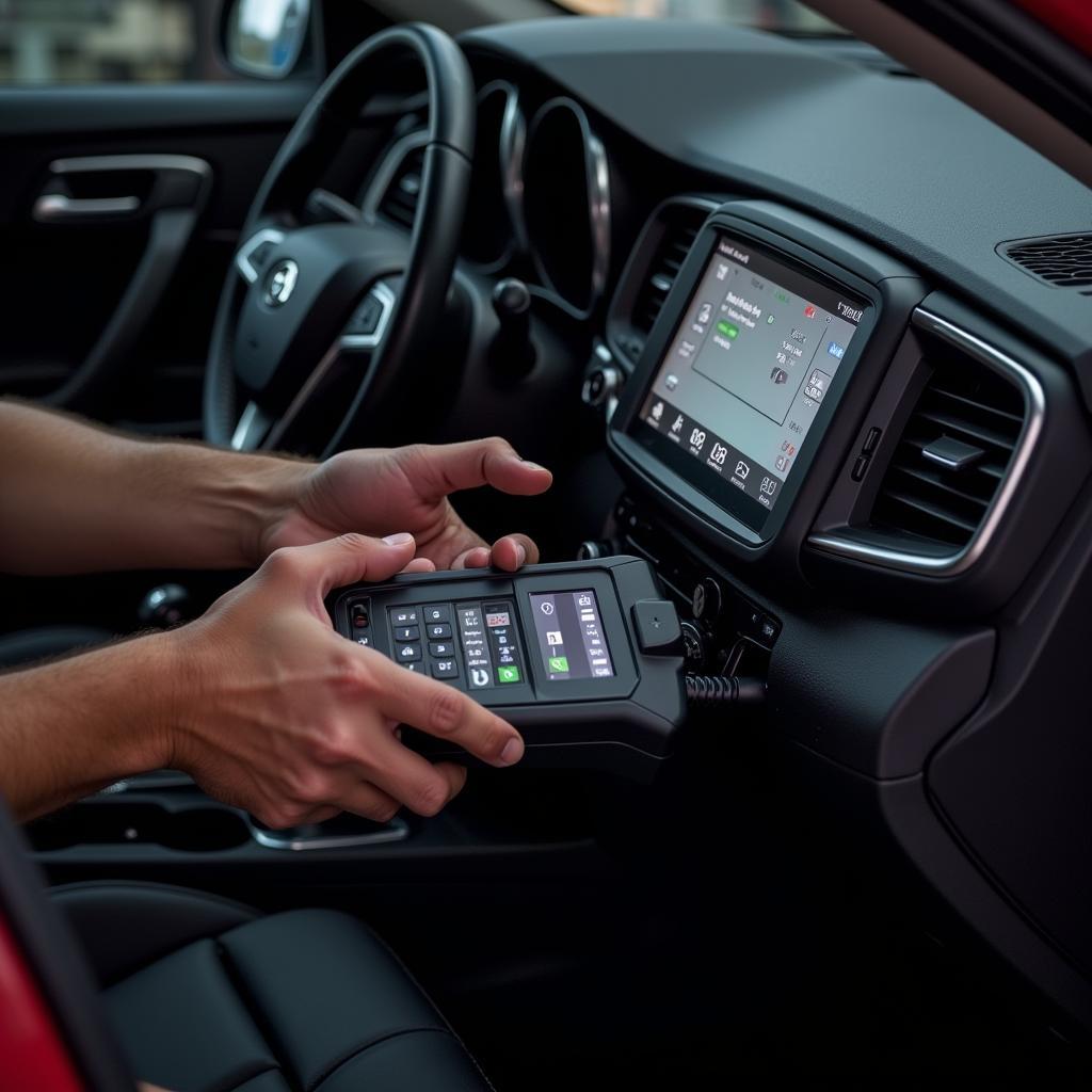 Mechanic using dealer scanner on car dashboard