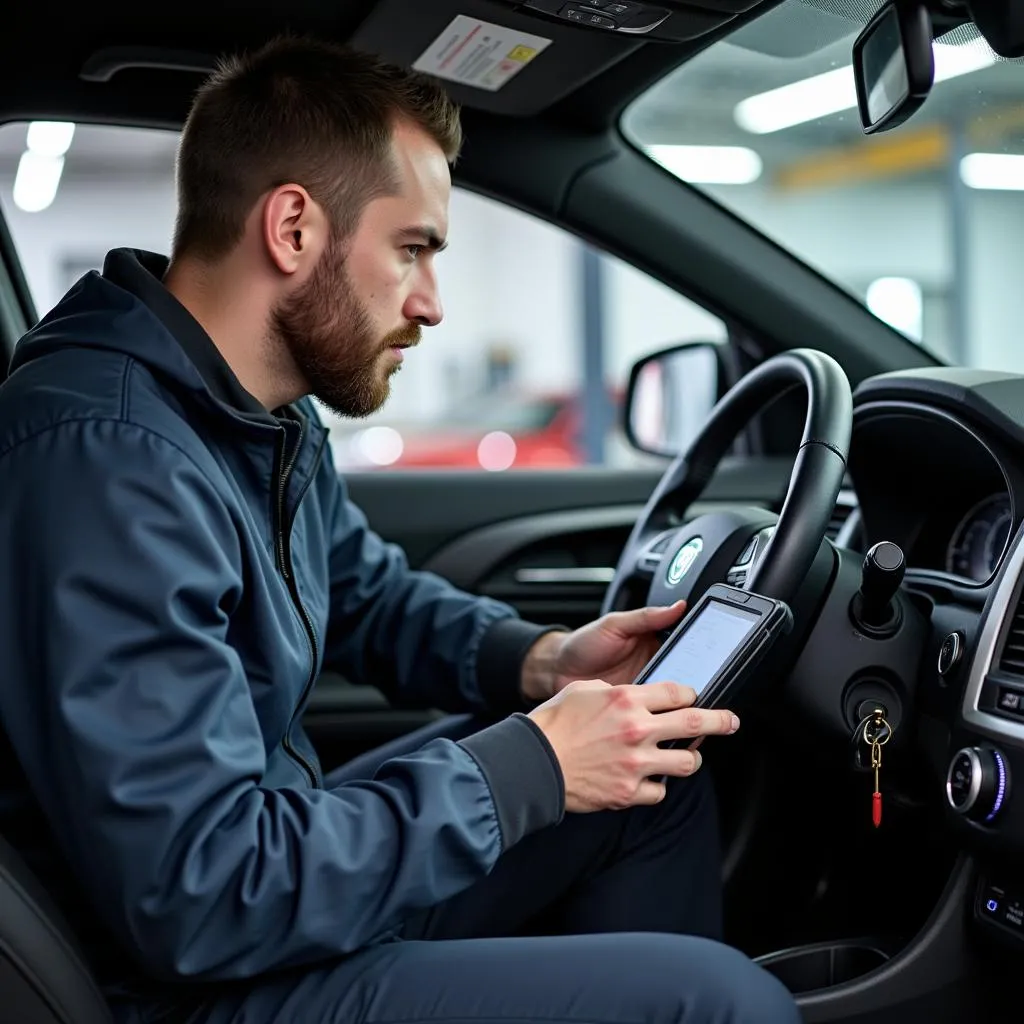 Mechanic Using Dealer Scanner on CMH Avis Car