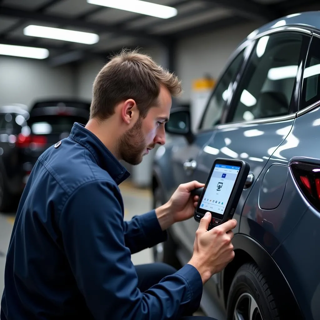 Mechanic Using Dealer Scanner on an Electric Vehicle