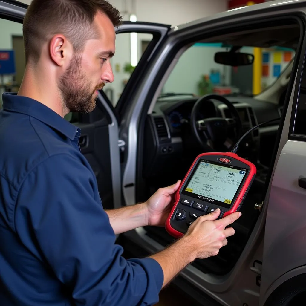 Mechanic Using a Diagnostic Scan Tool on a 2011 Ford Escape