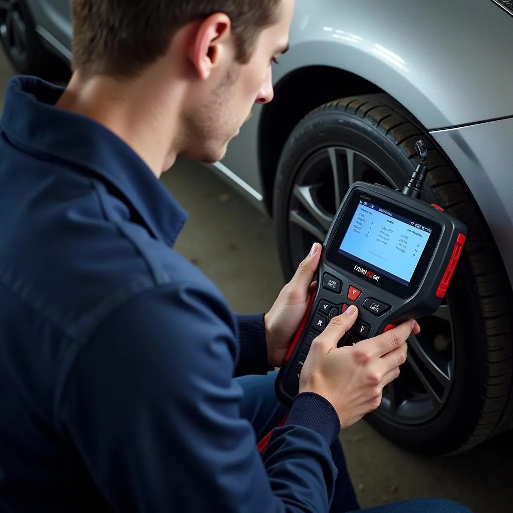 Mechanic Using Diagnostic Scanner on Car