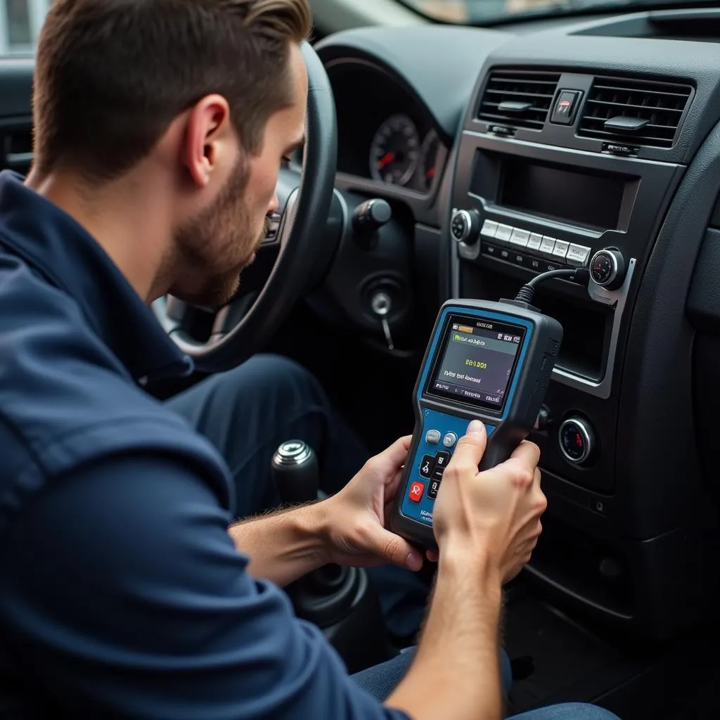 Mechanic Using Diagnostic Scanner on Car After Crash