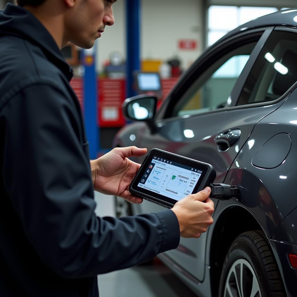 Mechanic Using a Diagnostic Scanner in a Workshop