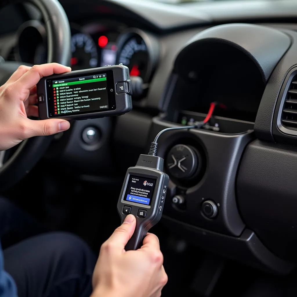 Mechanic using a diagnostic scanner on a car