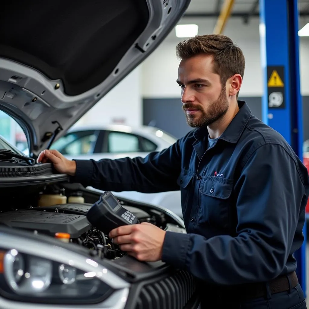 Mechanic Using Diagnostic Scanner on Car