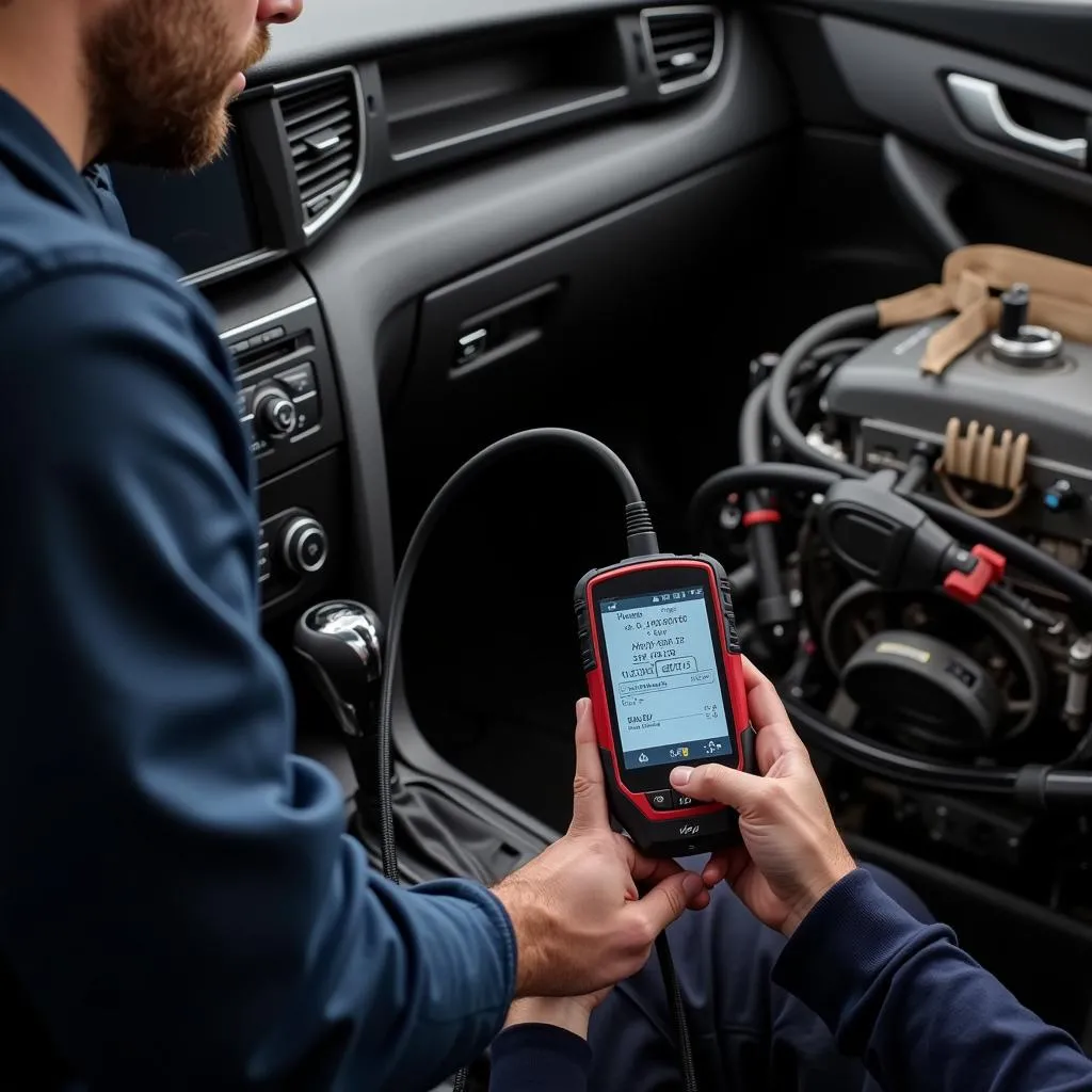 Mechanic Using Diagnostic Scanner on Car