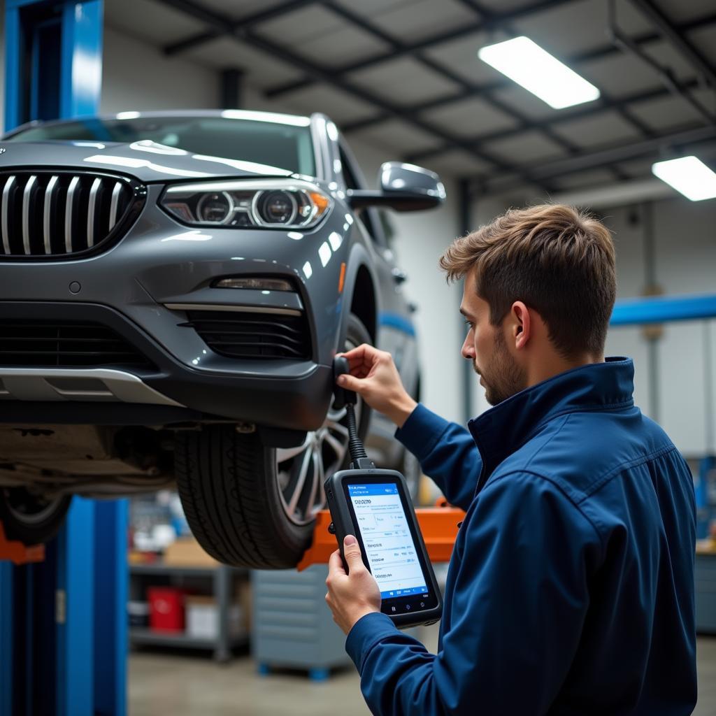 Mechanic using a dealer-level diagnostic scanner on a car raised on a hoist in a workshop.