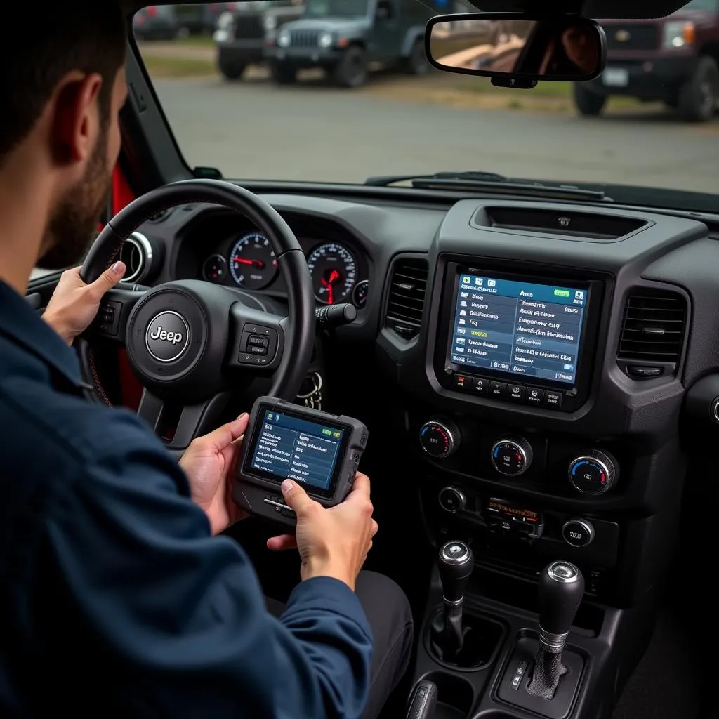 Mechanic using a DRB2 scan tool on a Jeep