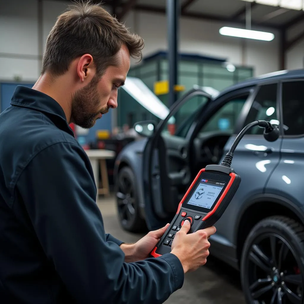 Mechanic using a DS708 scanner to diagnose a car