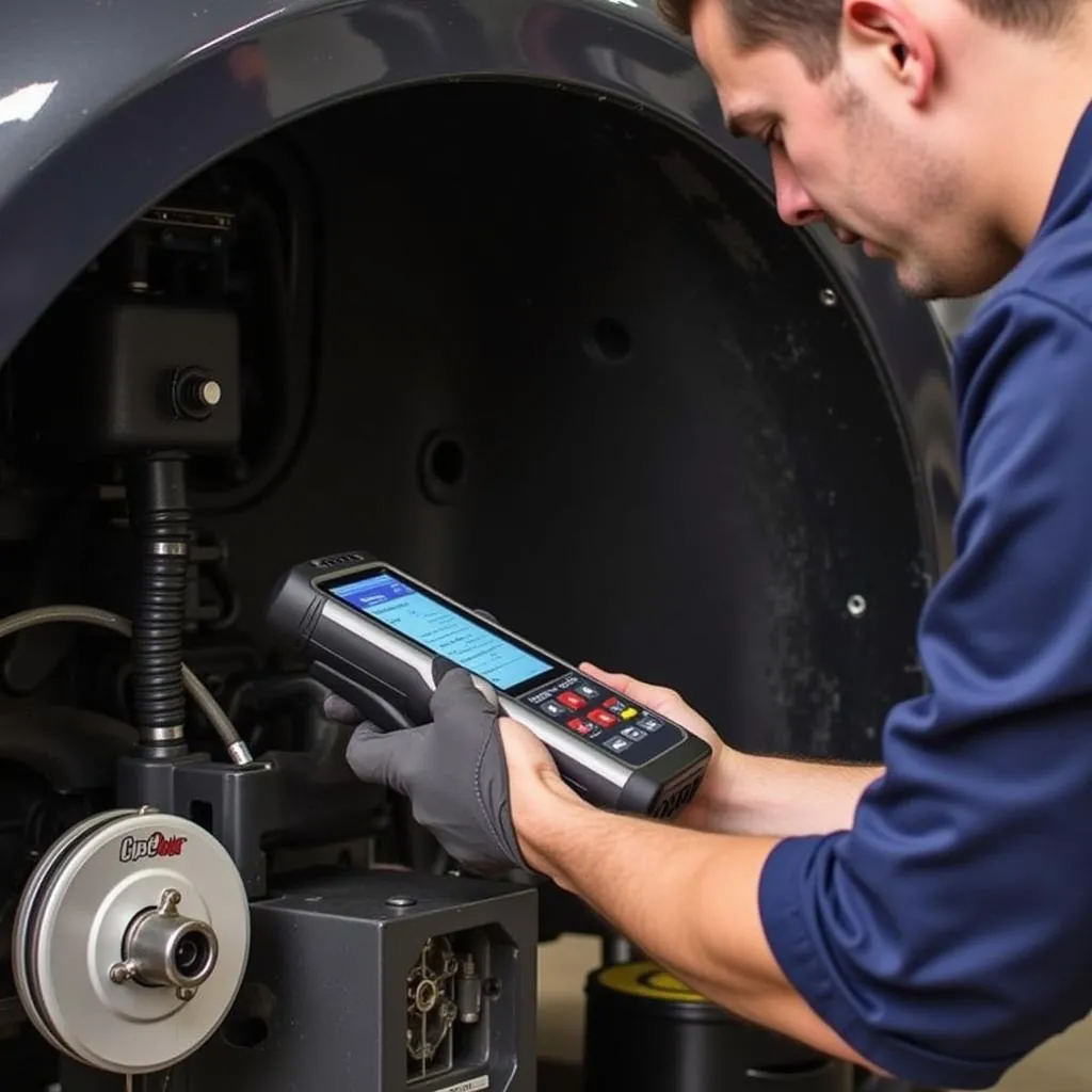 Mechanic Using EPB Service Tool on Car